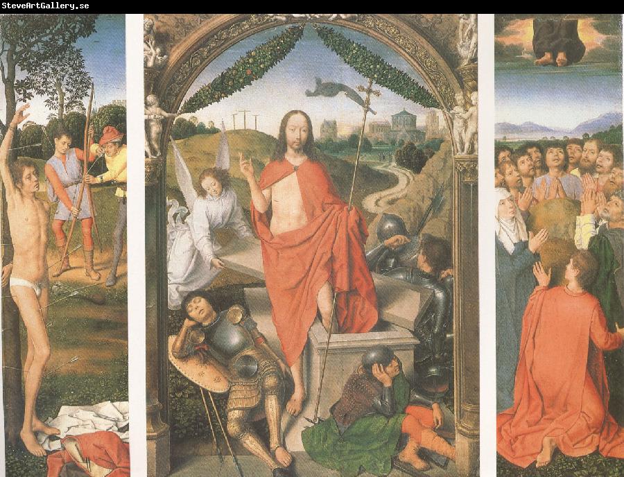 Hans Memling The Resurrection with the Martyrdom of st Sebastian and the Ascension a triptych (mk05)